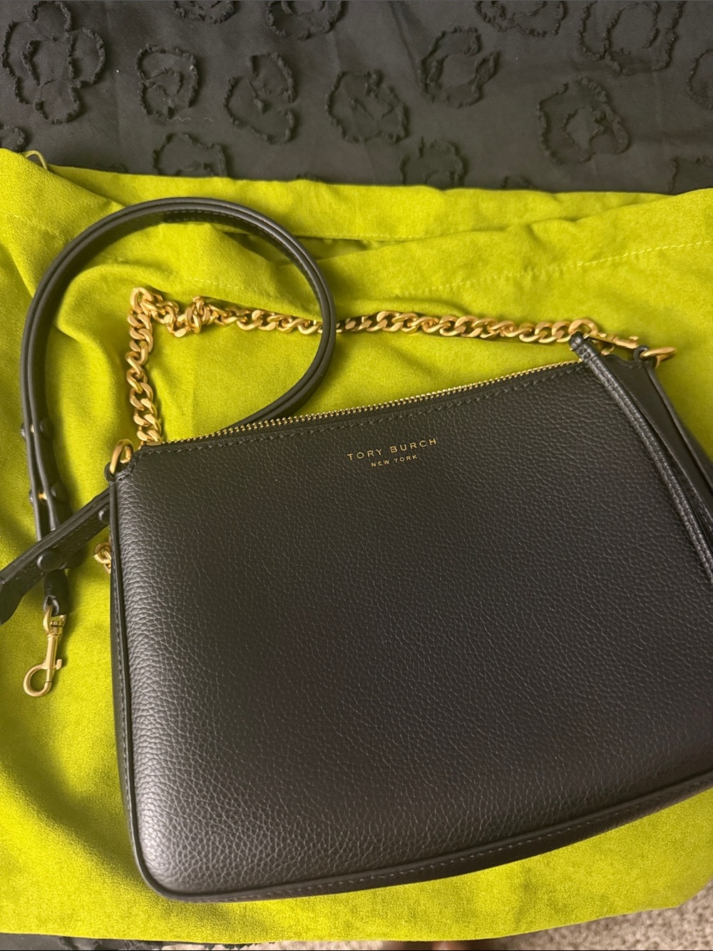 Tory Burch Black Pebbled Leather Crossbody with Gold Chain